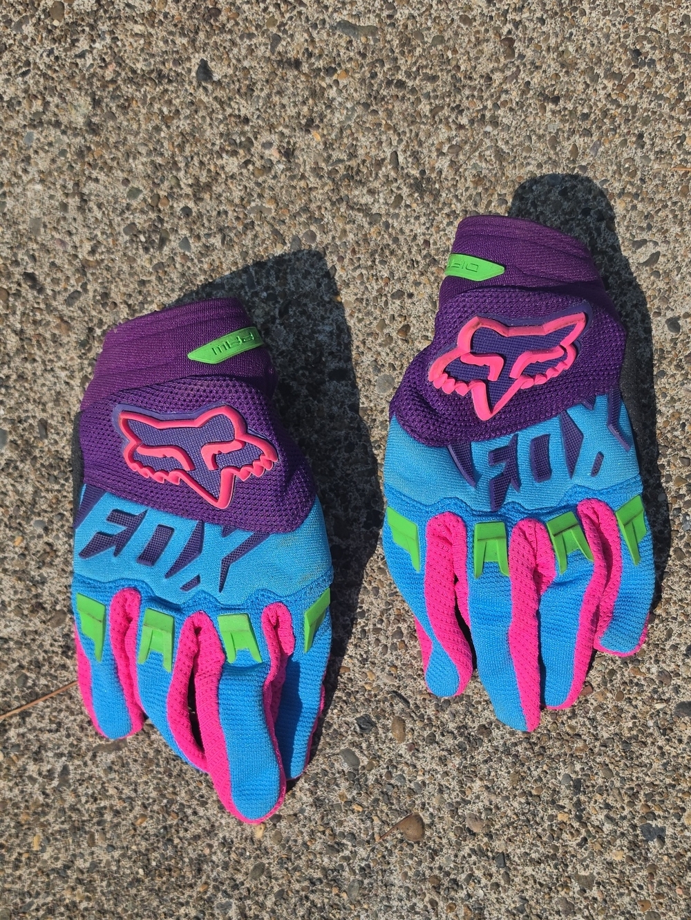 Fox Colorblock Motocross Gloves in Blue, Purple, Pink & Neon Green